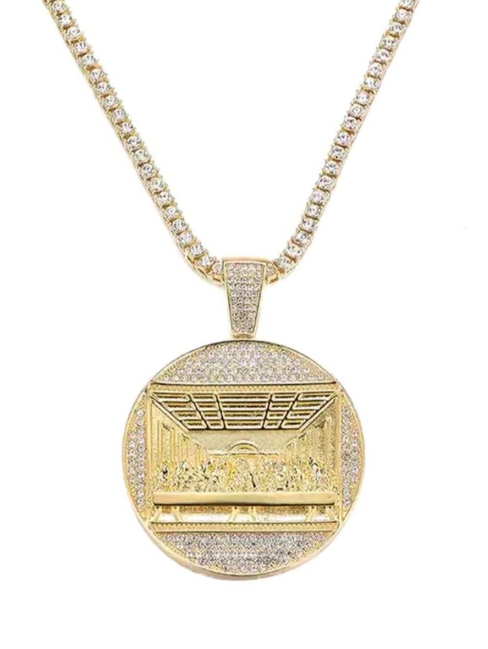 Men's 3mm  20" Inch Gold Tennis Chain With Round Last Supper Pendant